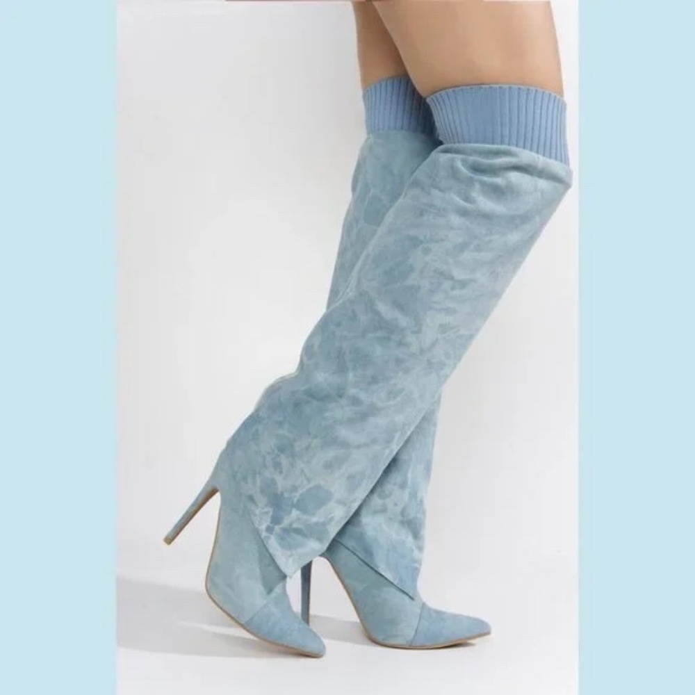 Cape Robbin Light Wash Denim 4 1/2 " Stiletto Heel Skirted OTK High Boot